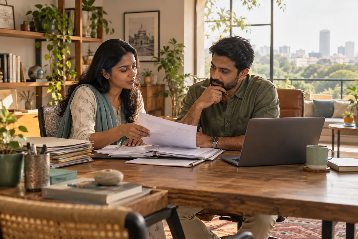 An HR consultant and business owner reviewing employee records together