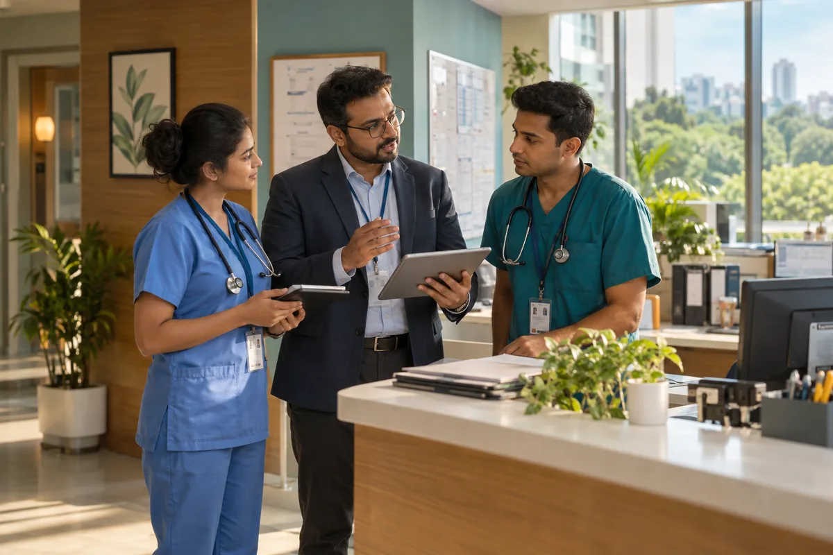 A hospital administrator consulting with healthcare staff at a staff station