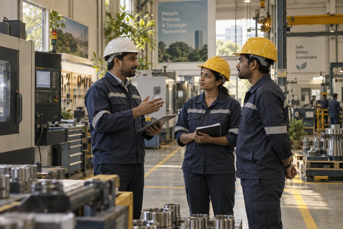 A factory supervisor and colleagues discussing a shift handover in a workshop