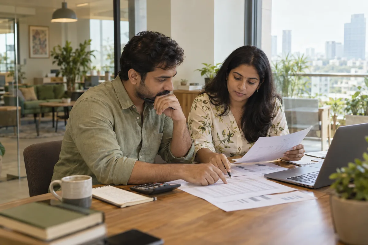 A compensation analyst and HR manager comparing paper salary tables with a calculator and laptop.