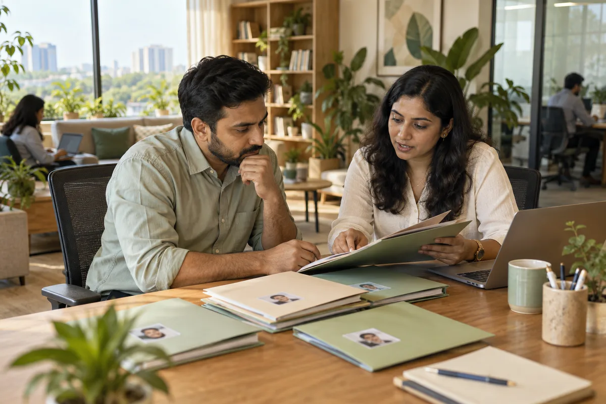 A people manager and HR specialist discussing employee development with organised profile folders.
