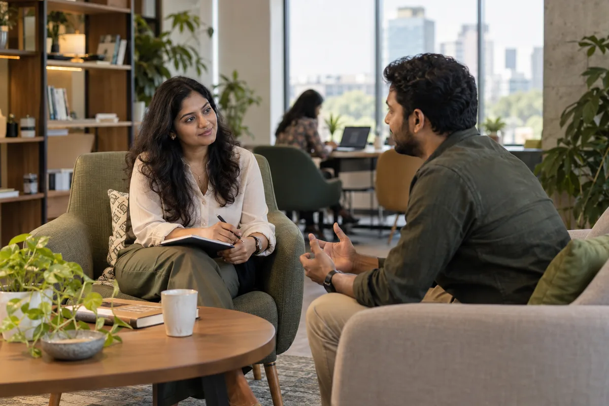 An HR adviser listening to a valued employee during a relaxed retention conversation in an office lounge.