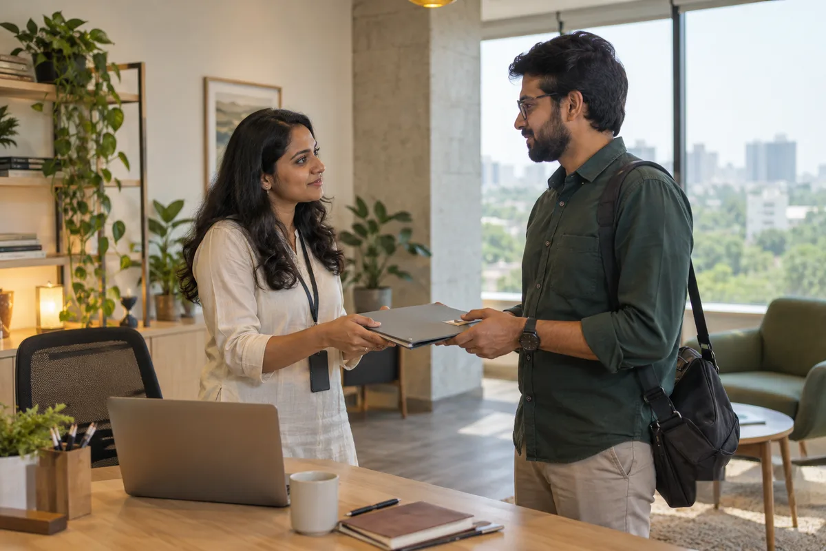 An HR professional and departing colleague having a respectful exit conversation with a handover folder.