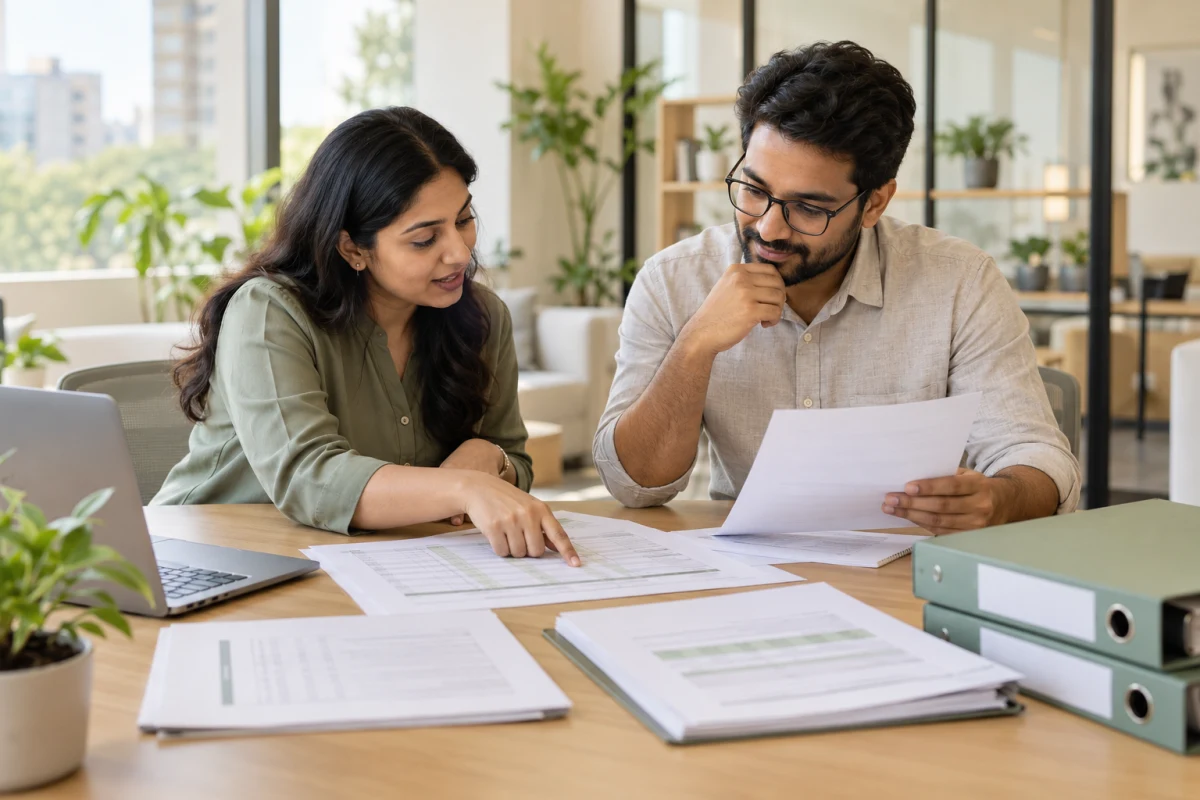 An HR auditor and a business owner reviewing evidence folders and an audit checklist in a sunlit office.
