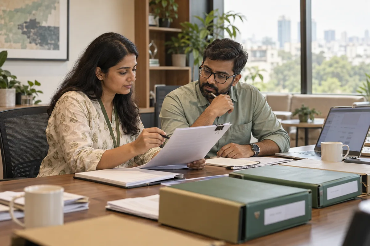An HR auditor reviewing a checklist with a process owner and neatly arranged evidence folders.