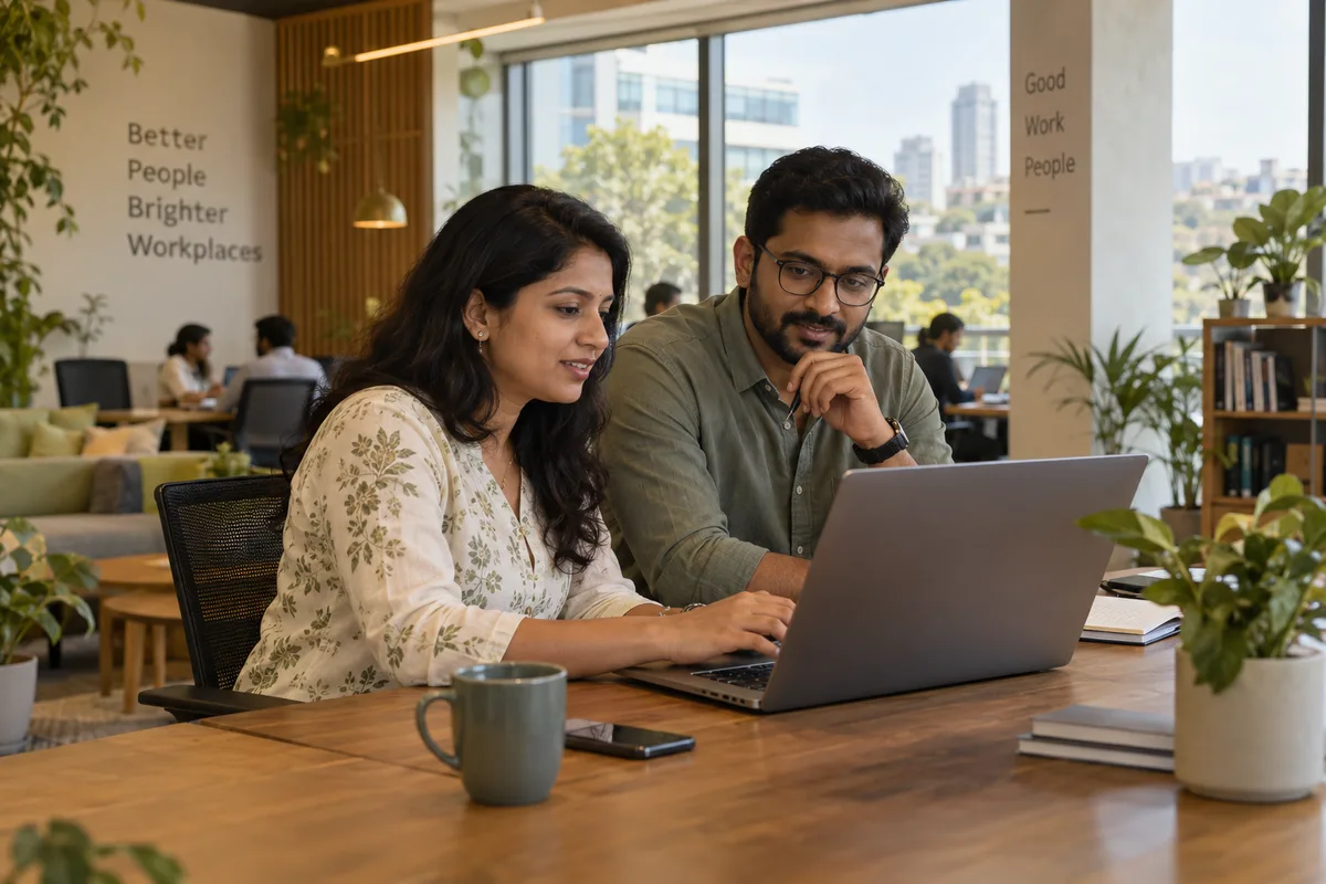 Two HR professionals confidently using an open laptop in a modern warm office, screen oblique and indistinct.