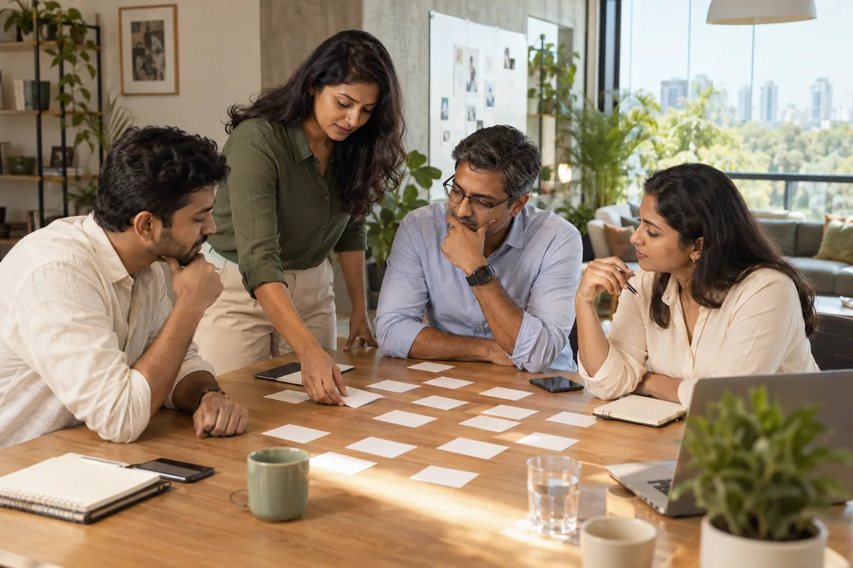 An organisation consultant and business leaders discussing responsibilities with blank cards on a table.