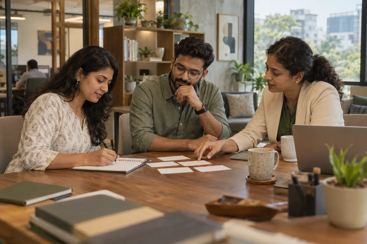A manager and HR adviser designing performance goals with an employee using a notebook and blank cards.