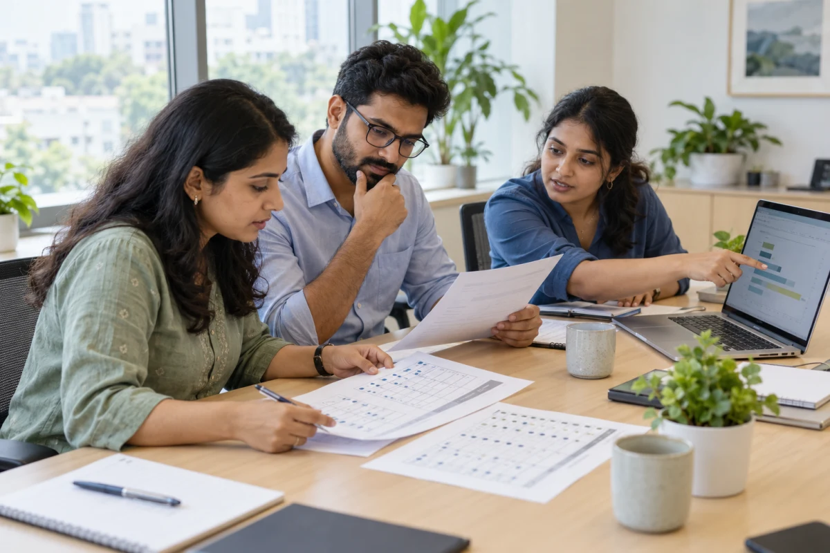 A recruitment audit team comparing interview scorecards and hiring-stage records around a meeting table.