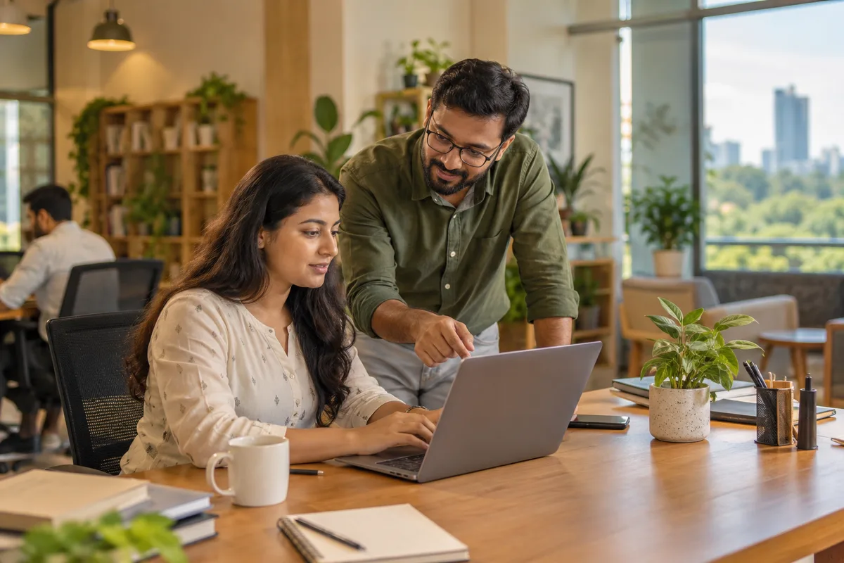 An employee using a laptop while a manager offers guidance from beside the desk.
