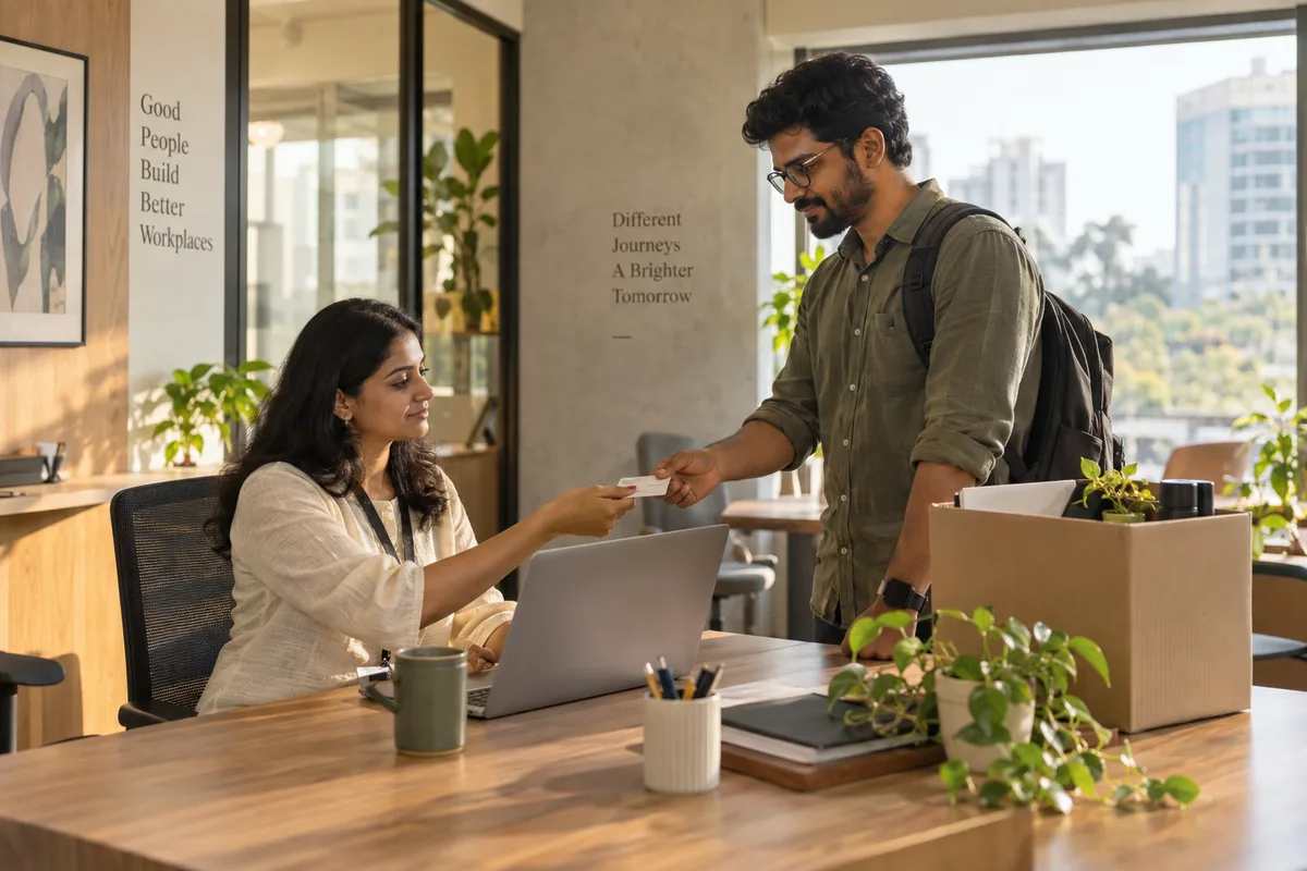 An HR administrator and departing employee checking a laptop and returning an access card at a desk.