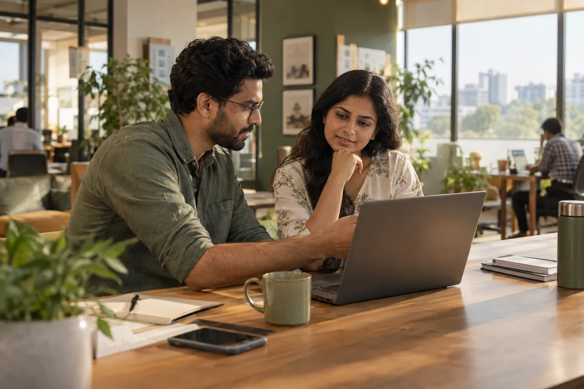 A team lead and employee using a laptop together during a constructive performance check-in.