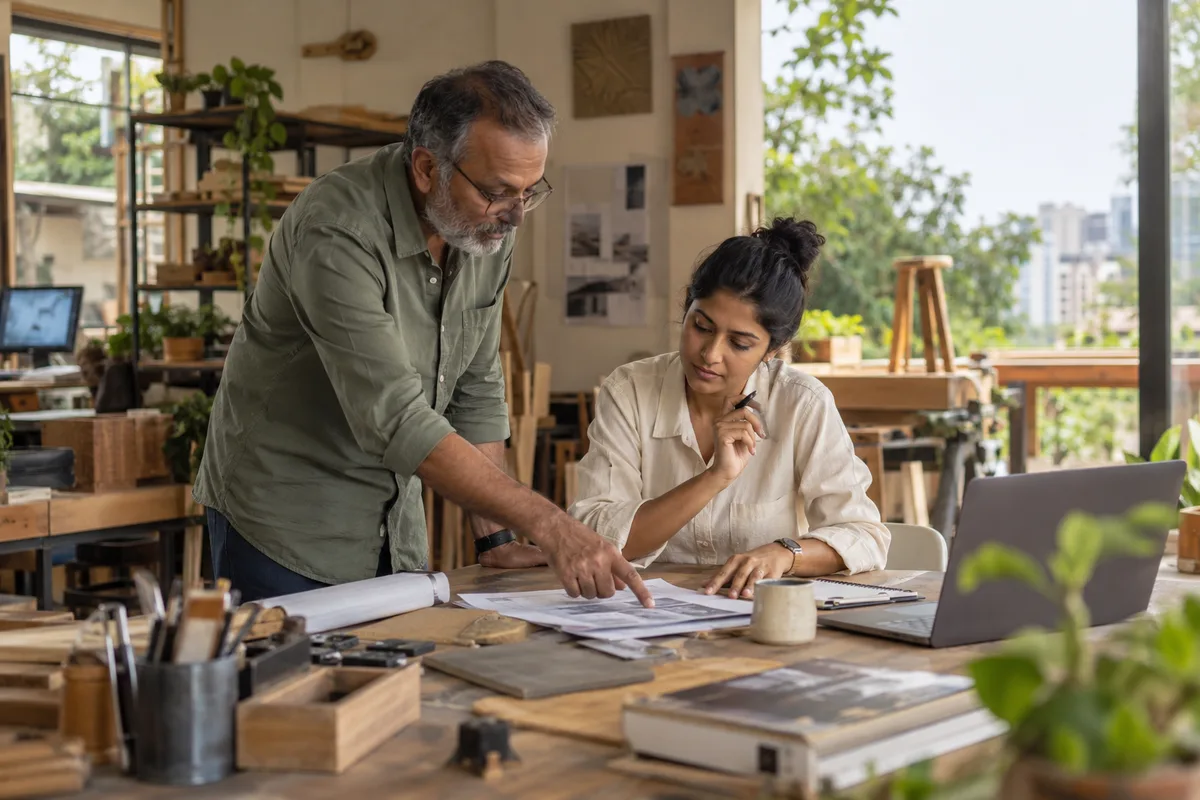 A small business founder mentoring a successor while discussing handover documents in a workshop office.