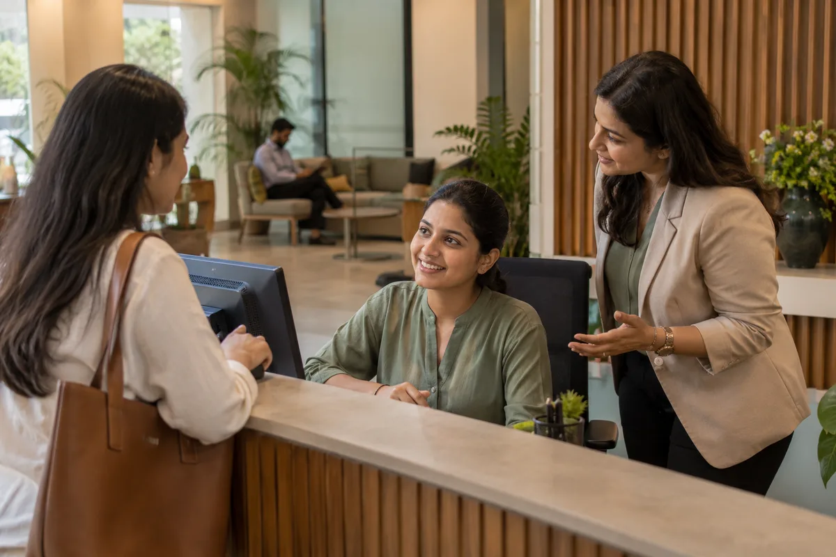 A customer service trainer coaching a receptionist through a welcoming interaction at a desk.