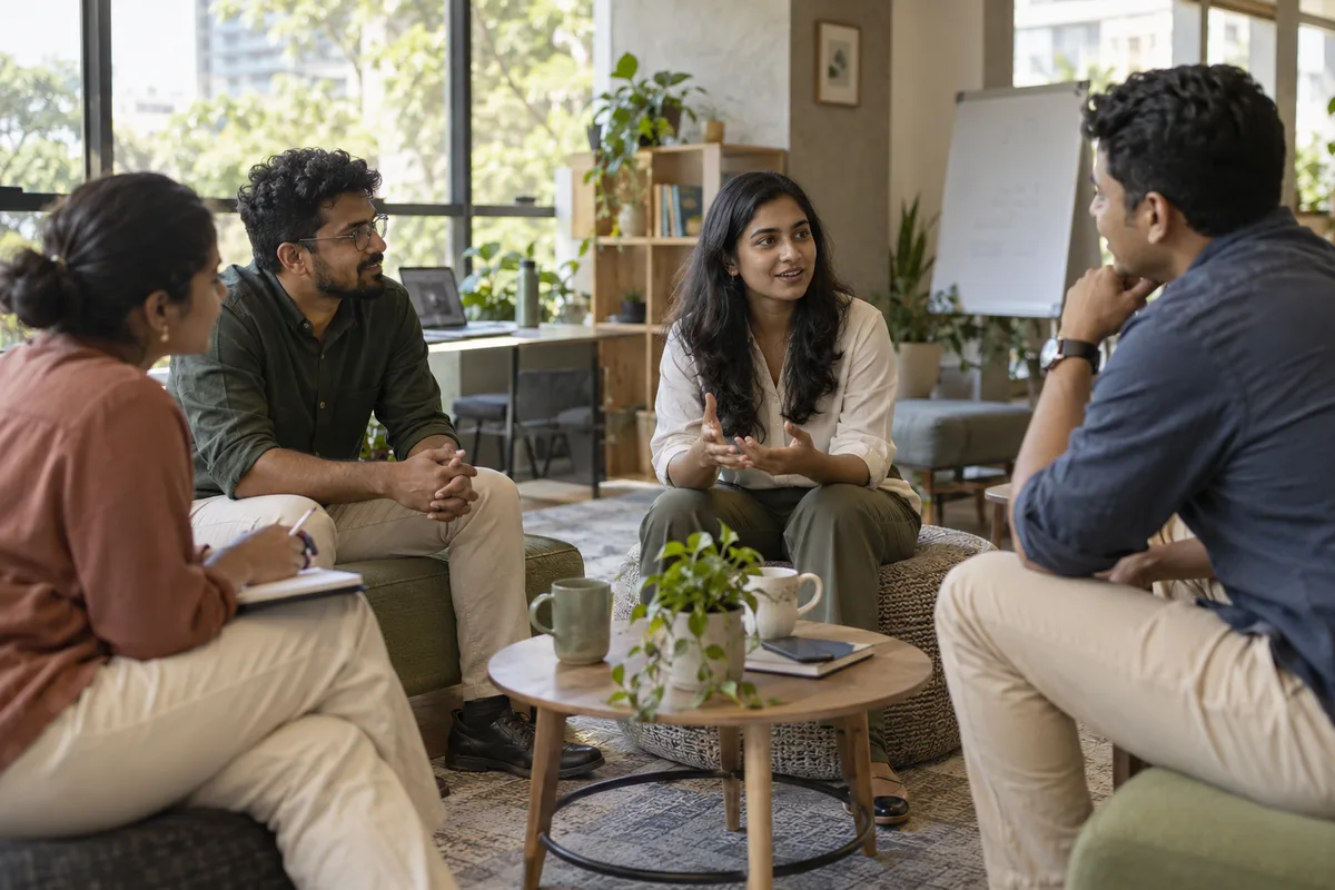 A small diverse group of colleagues practising introductions and attentive conversation in a workshop.