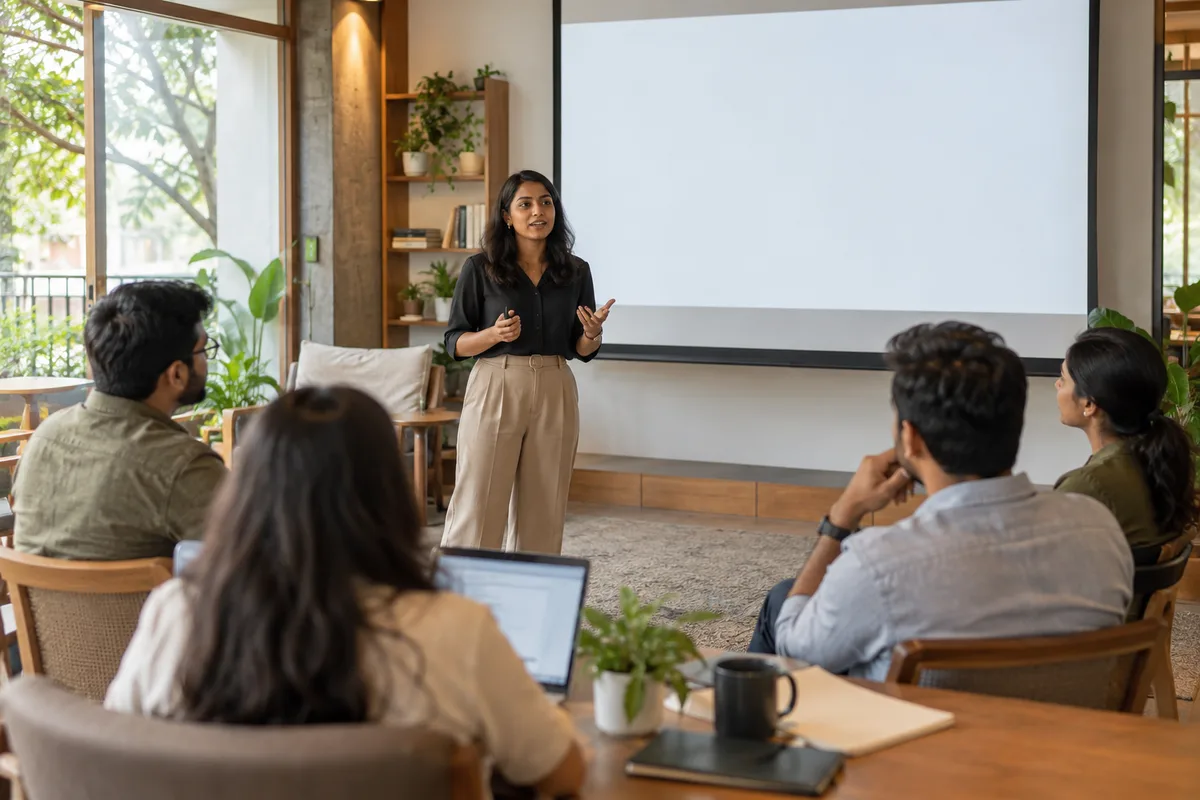 An Indian professional giving a presentation to a small attentive audience, blank screen behind.