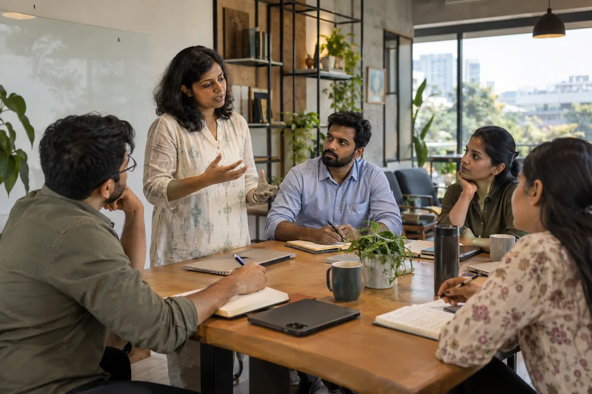 A trainer and colleagues discussing workplace responsibilities around a table with notebooks.