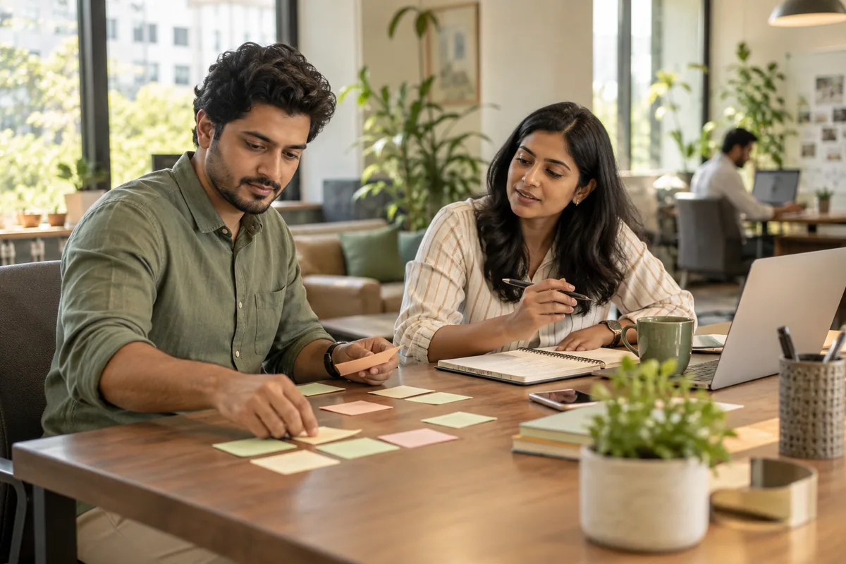 A professional arranging task cards beside a planner while a productivity coach discusses priorities.