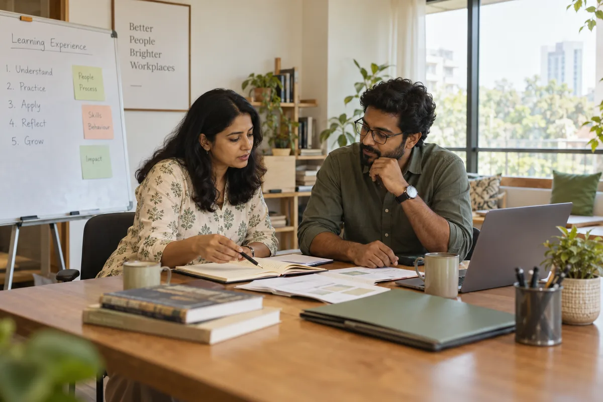 A training consultant and HR lead planning a practical learning session with notebooks and folders.