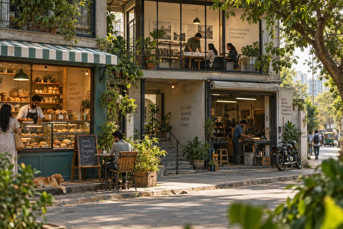 People working in a leafy Indian business neighbourhood with a bakery, studio and workshop