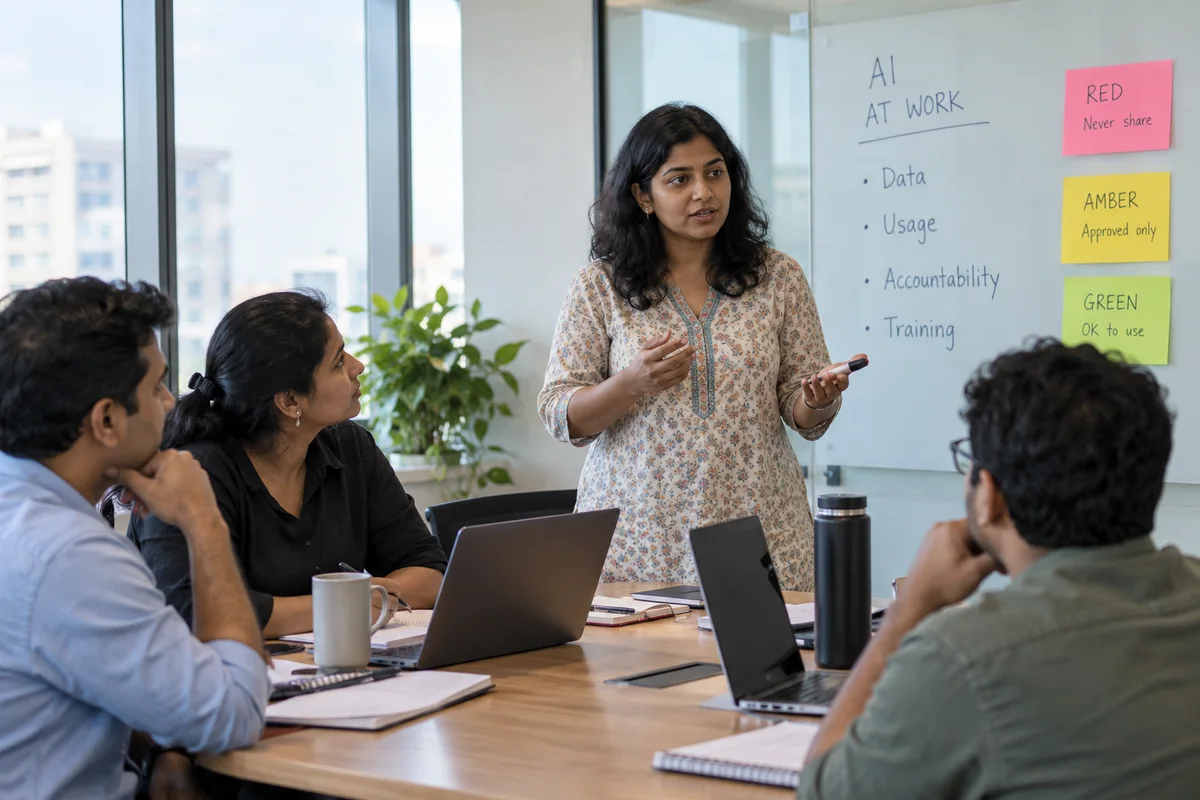 HR facilitator explaining workplace AI guidelines to colleagues