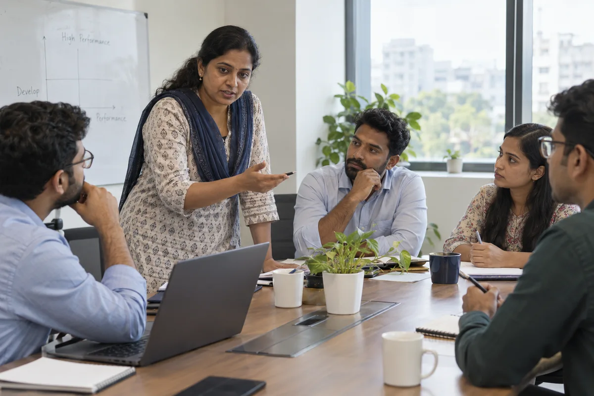 Manager discussing pay and performance with colleagues
