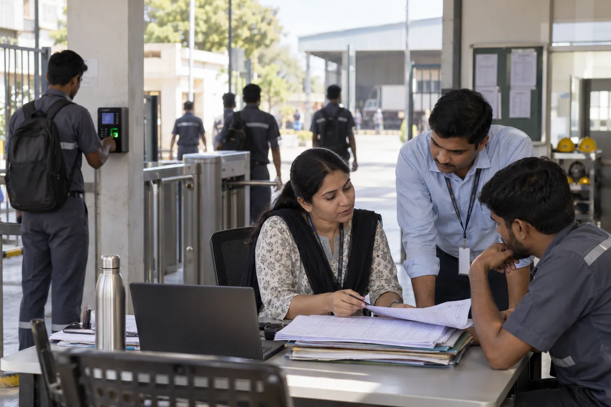 HR staff reconciling attendance records beside a workplace entry gate