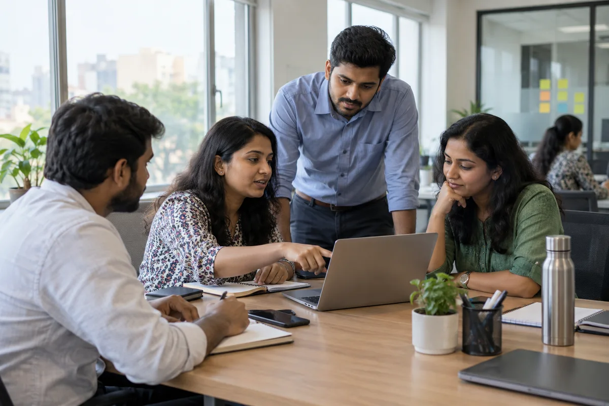 Colleagues reviewing access controls on an office laptop