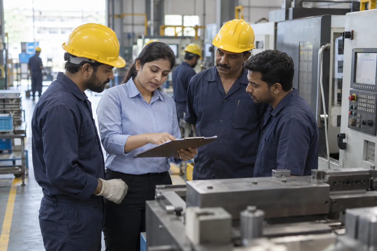 Plant supervisor discussing staff records with technicians