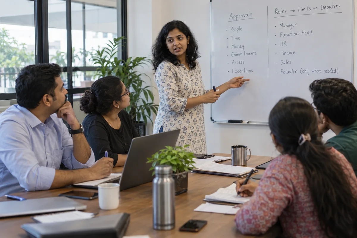 Manager explaining decision responsibilities to a small team
