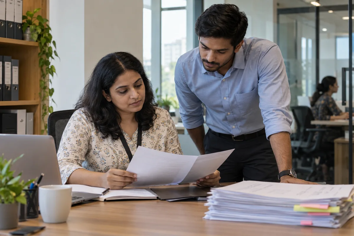 HR colleagues reviewing a consistent employee letter template