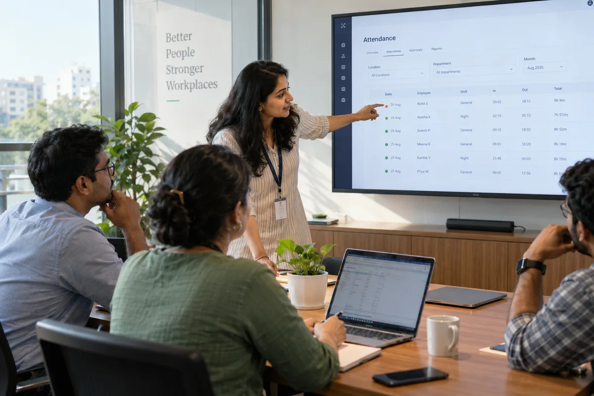 Team evaluating an employee management system demonstration