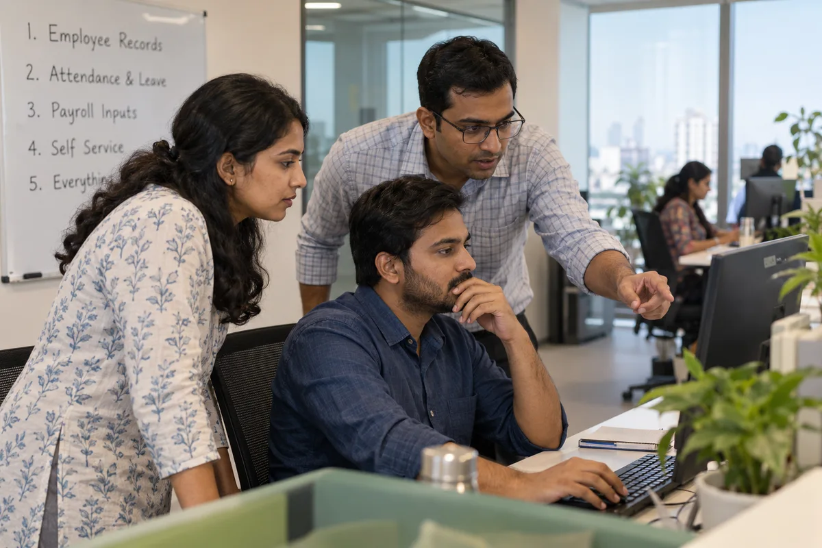 Colleagues working through a phased HR system setup