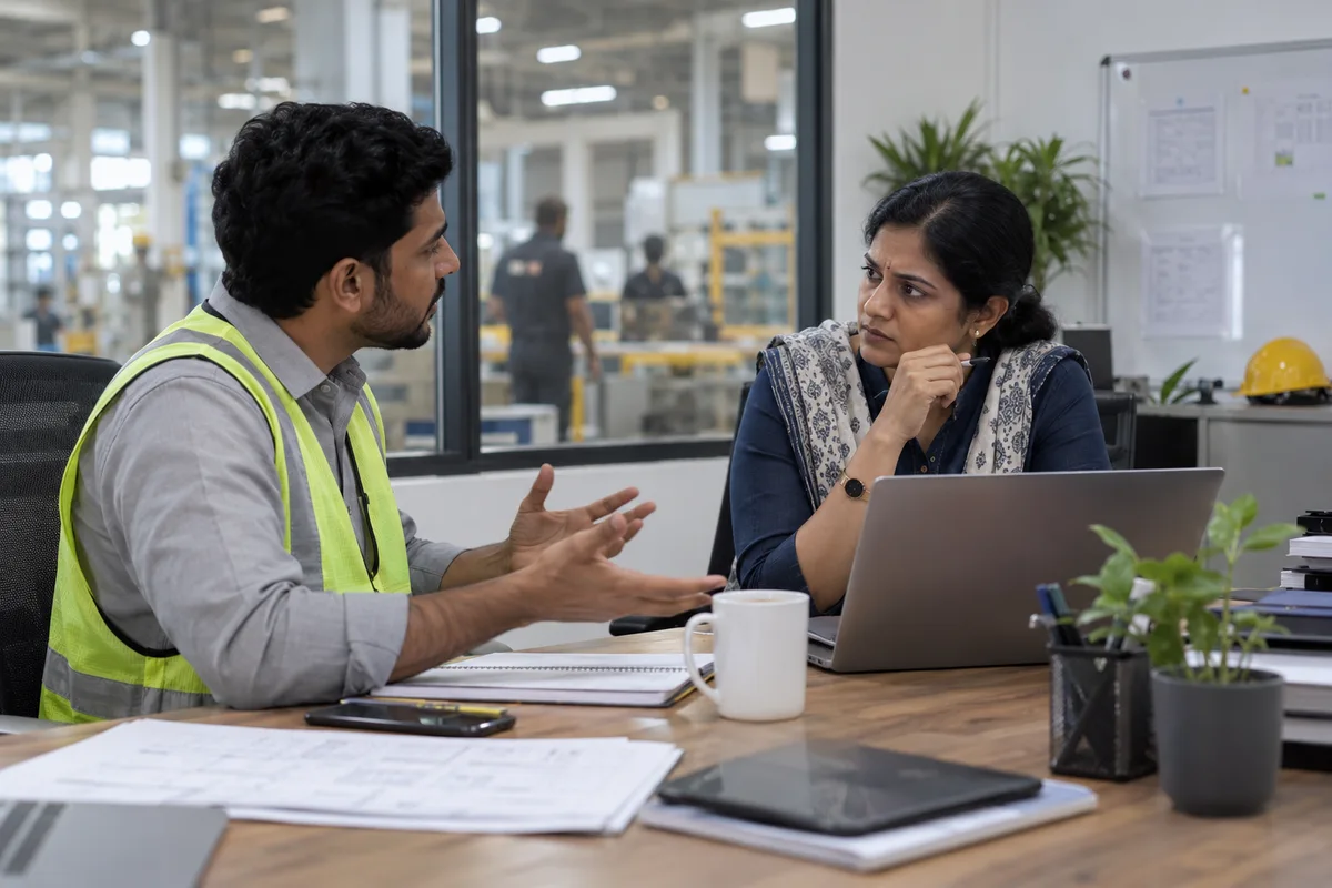 Supervisor and HR adviser clarifying a role beside the factory floor