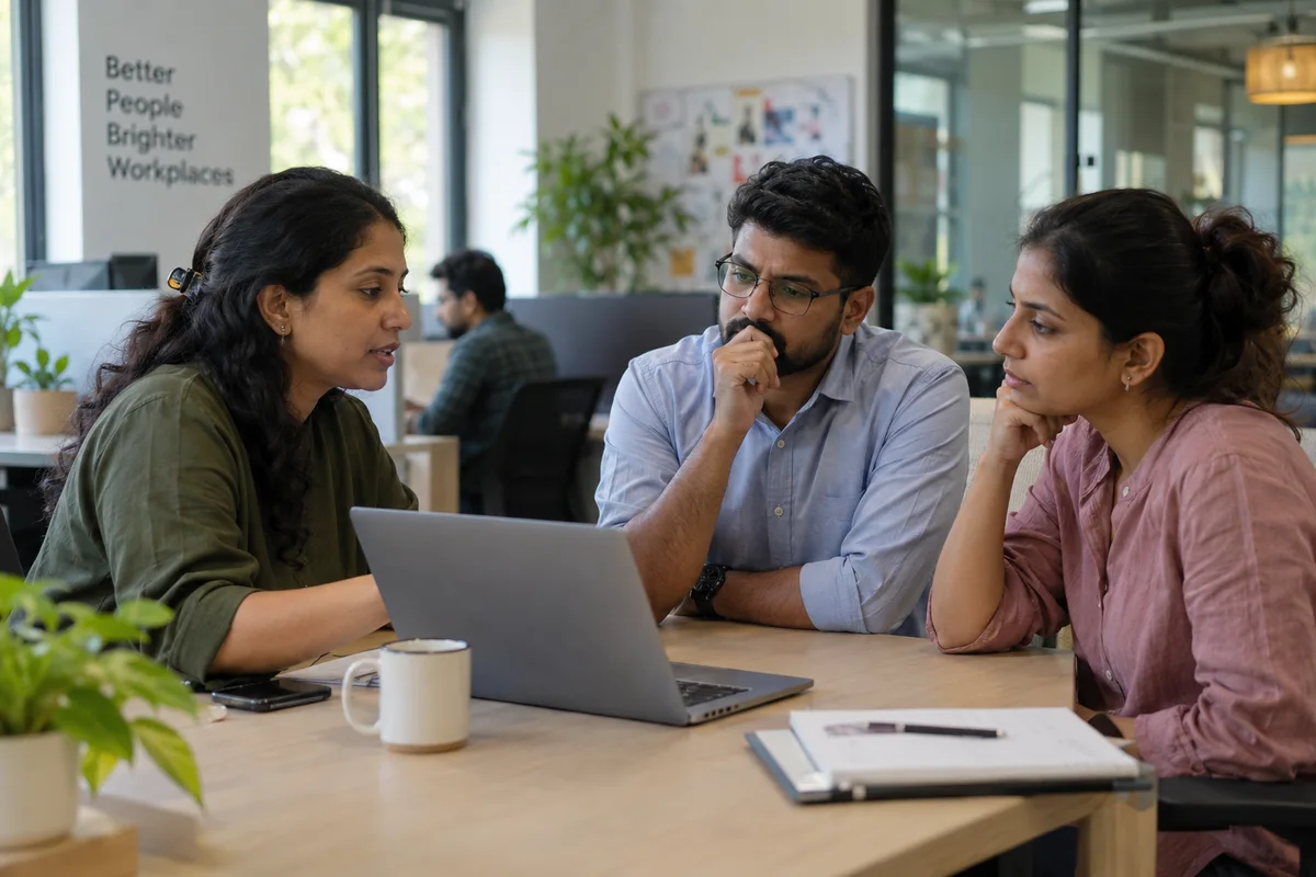 HR adviser discussing leave rules with two colleagues