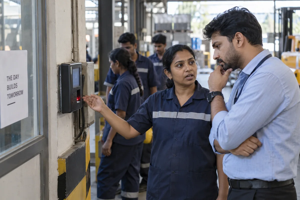 Supervisor and employee checking a workplace attendance terminal