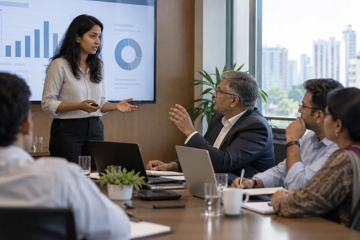 Professional presenting a recommendation to senior colleagues