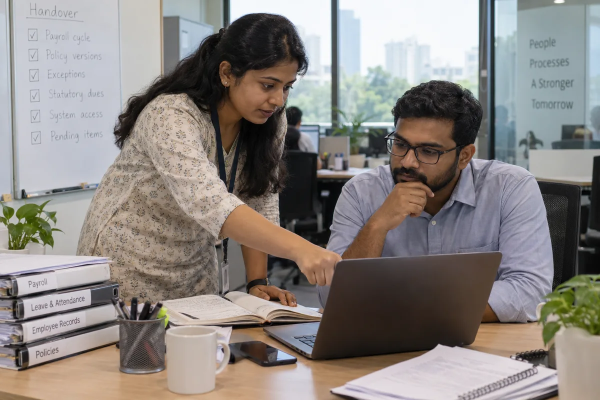 HR colleagues recording process knowledge during a handover