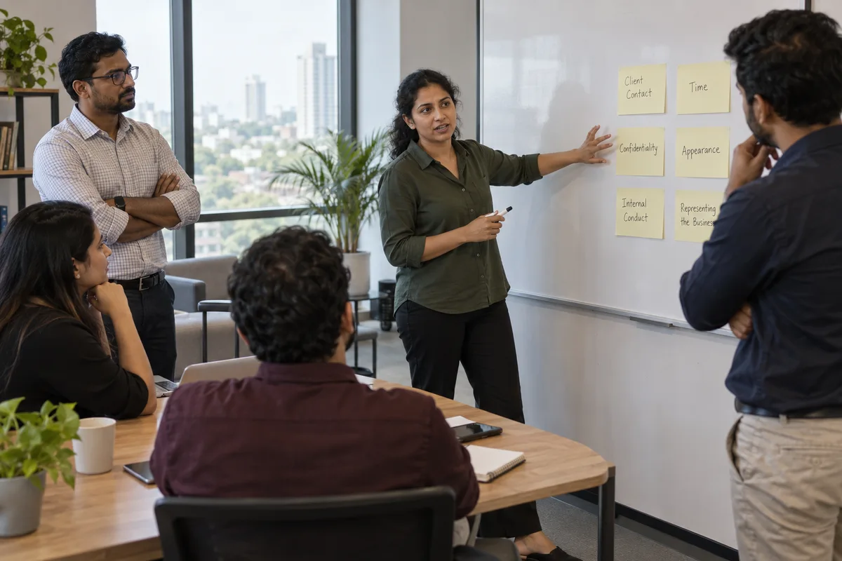 Facilitator clarifying shared workplace standards with a team