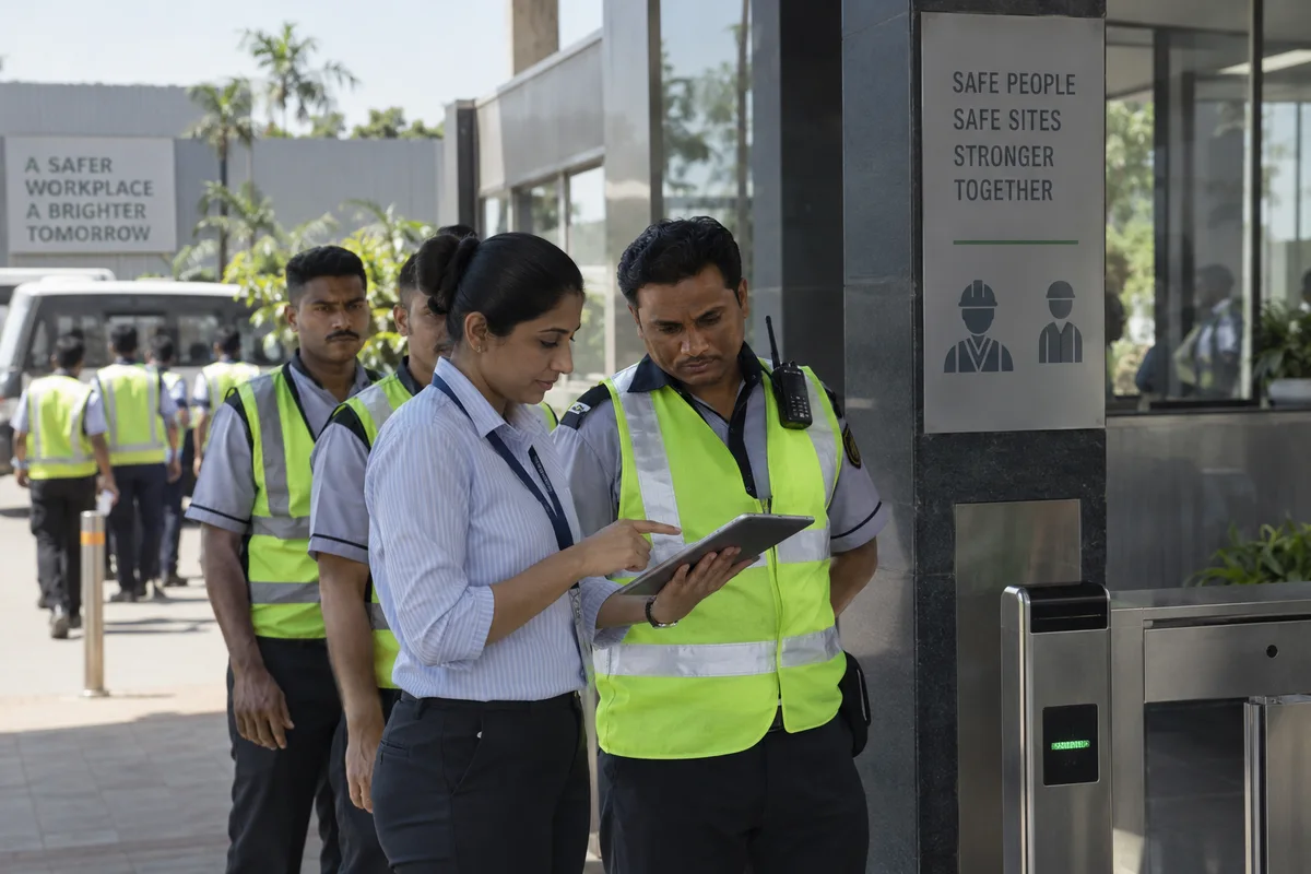 Site supervisor verifying staff training records at an entry gate