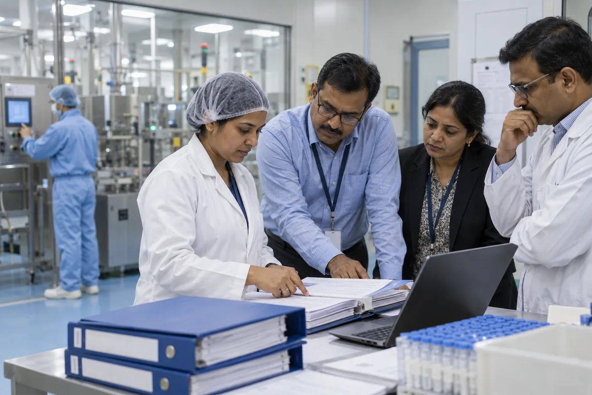 Pharmaceutical colleagues checking controlled training records