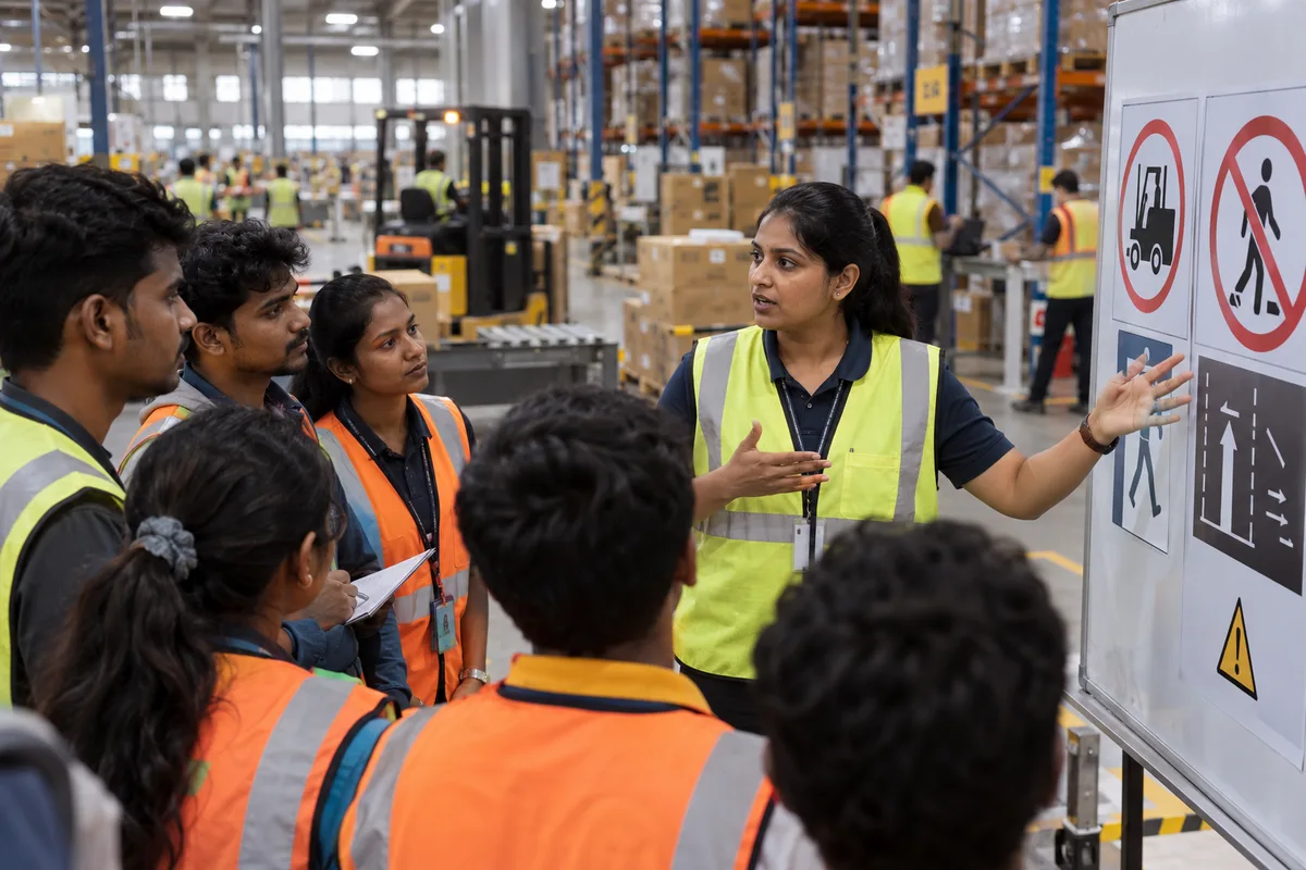 Warehouse supervisor inducting a group of new seasonal staff