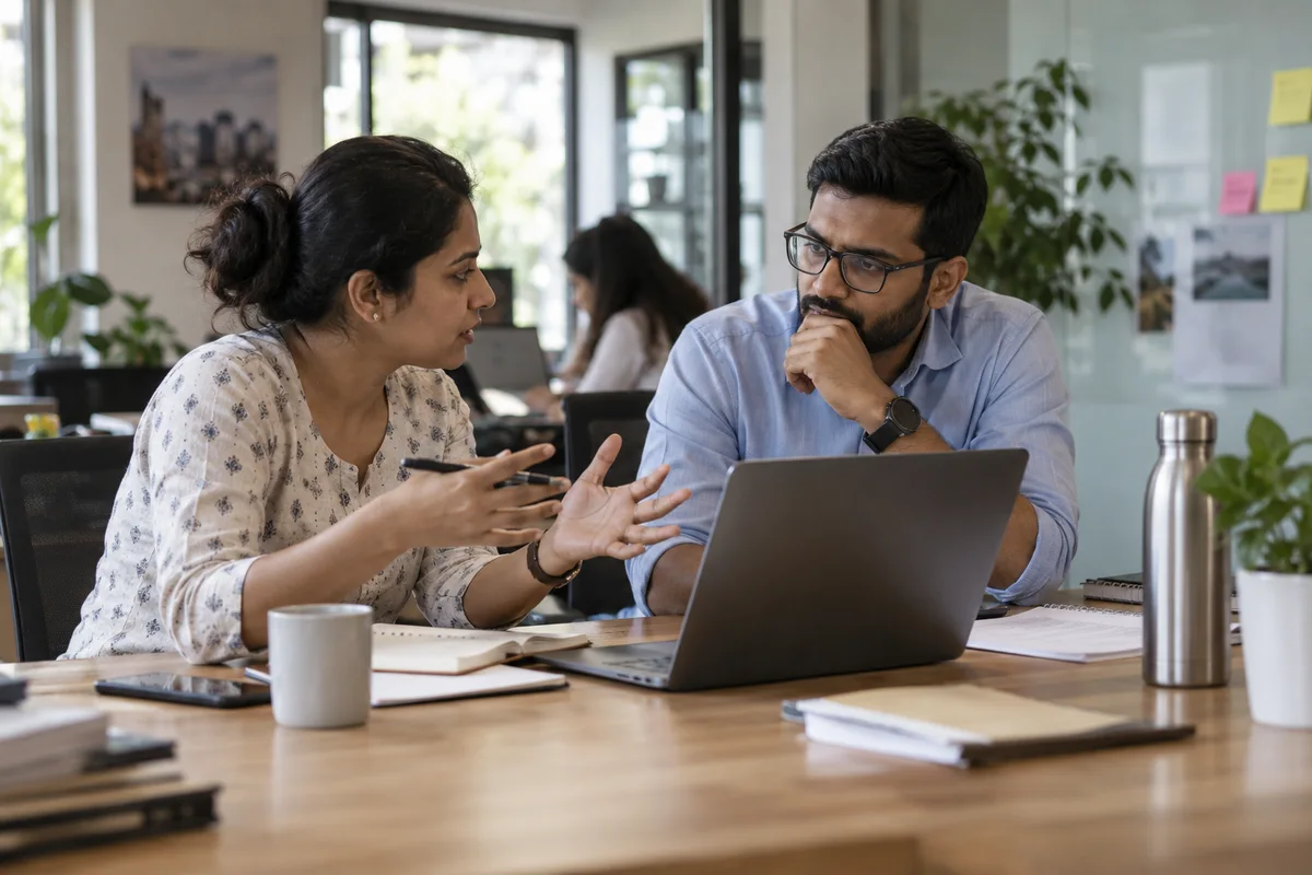 Two colleagues working through a disagreement at a shared desk