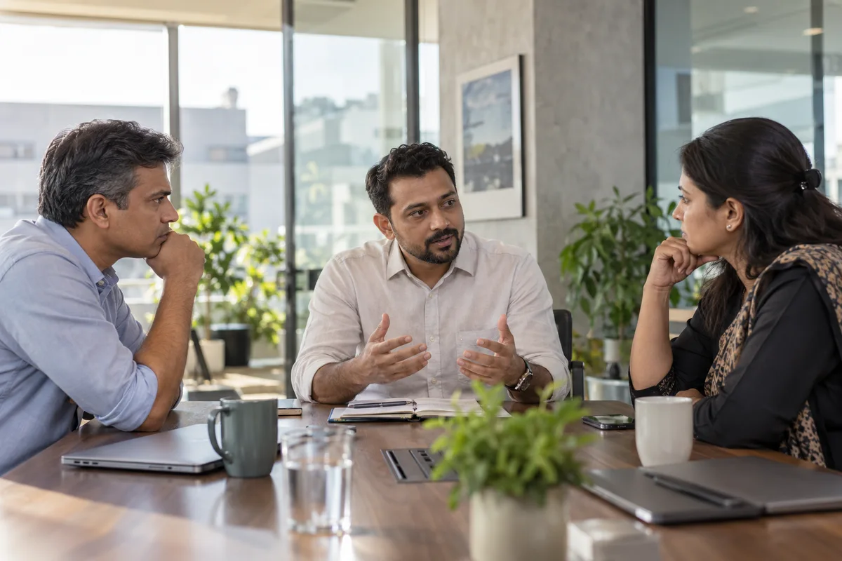 Facilitator listening to two colleagues during a mediation