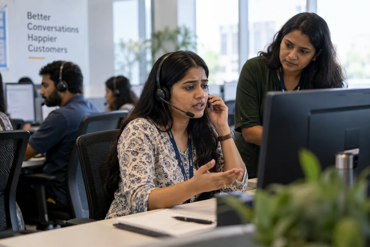 Customer service employee handling a call with coaching support