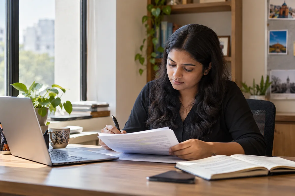 An HR practitioner reading and annotating a workplace guide beside a laptop