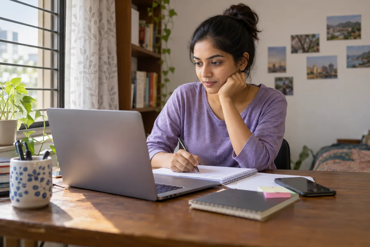 Job applicant preparing notes beside an open laptop