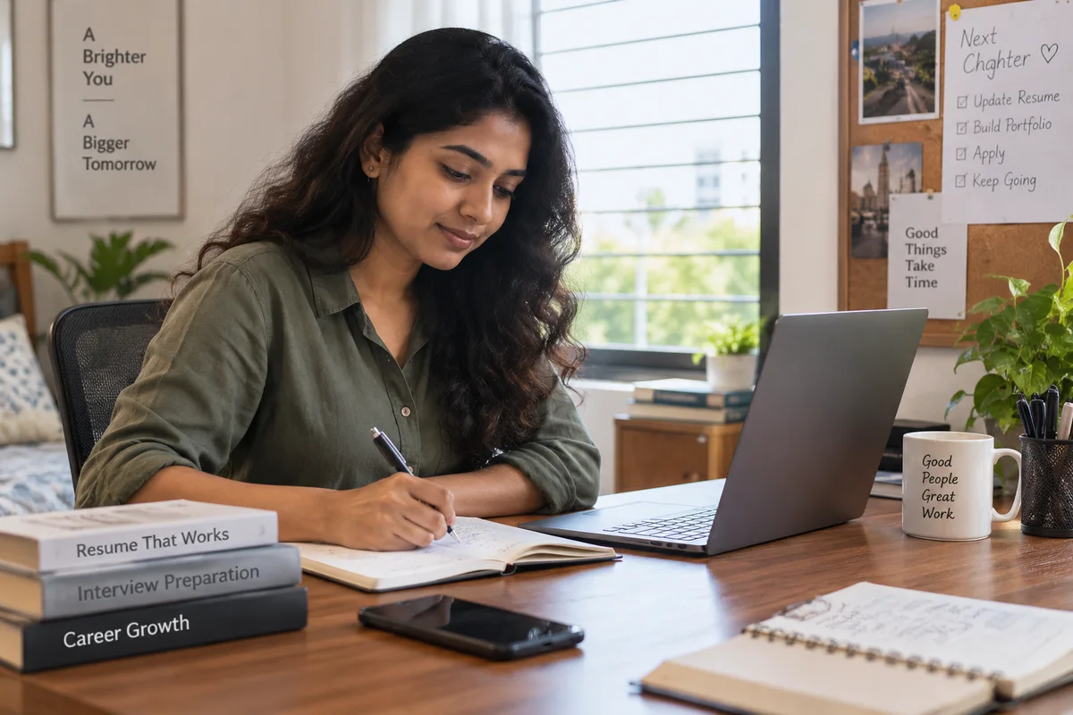 Payroll candidate preparing application notes at home