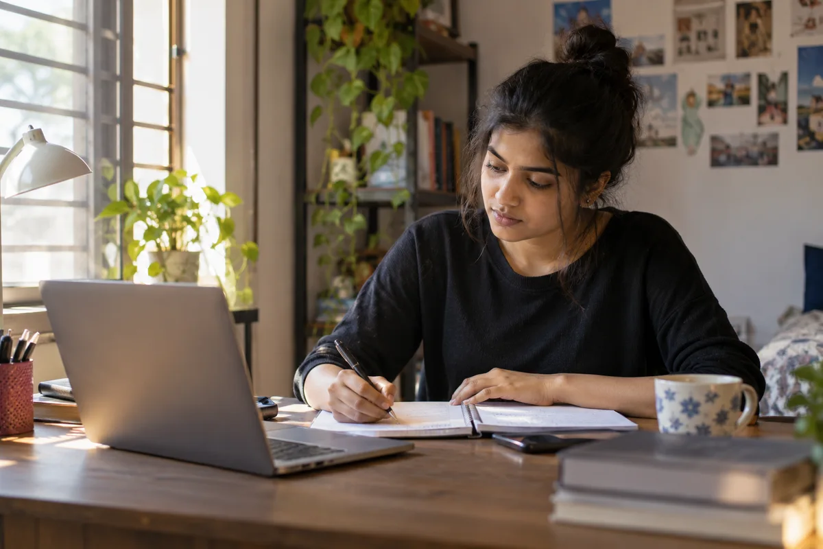 Talent sourcing applicant preparing notes beside a laptop