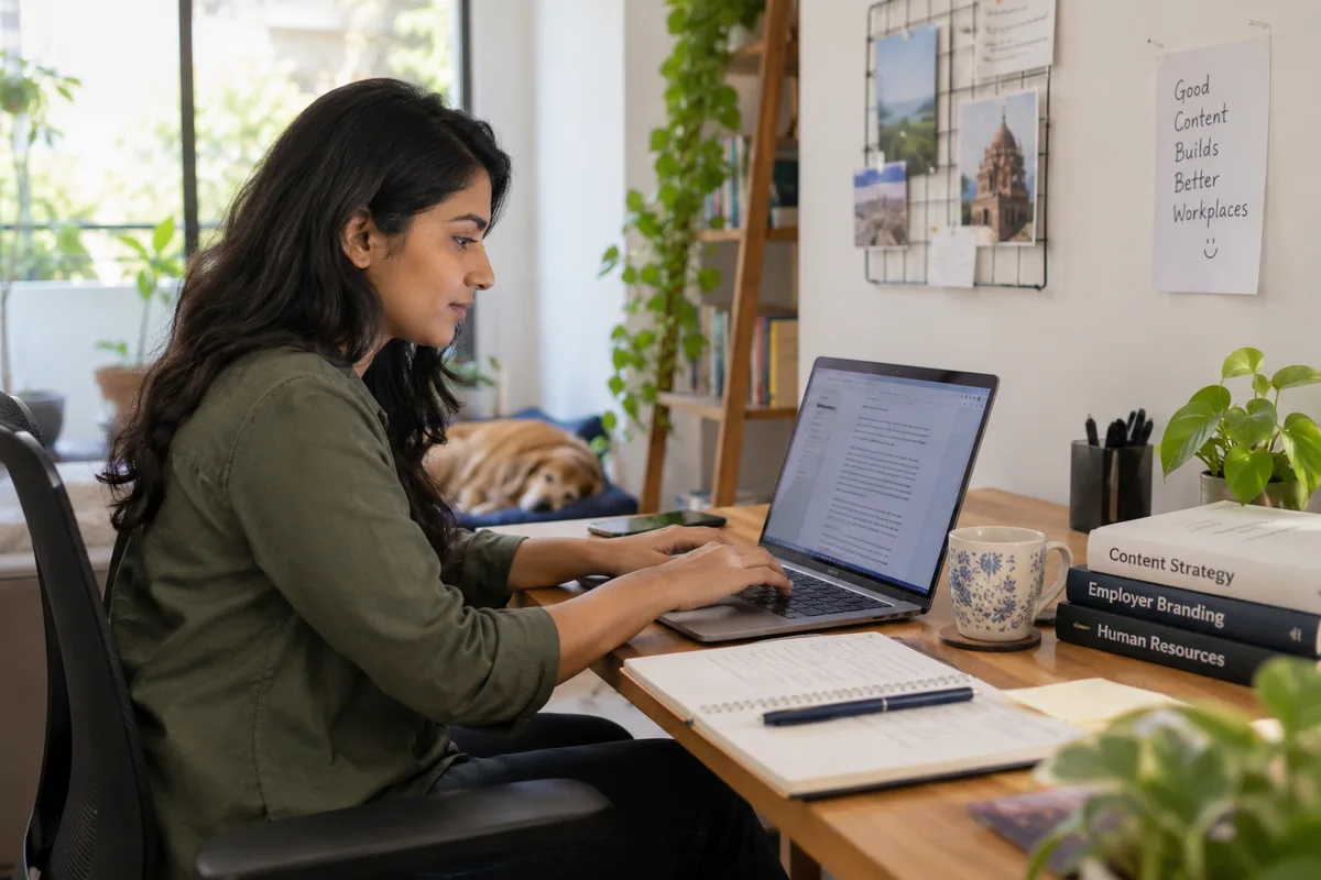 Content writer drafting workplace material at a desk
